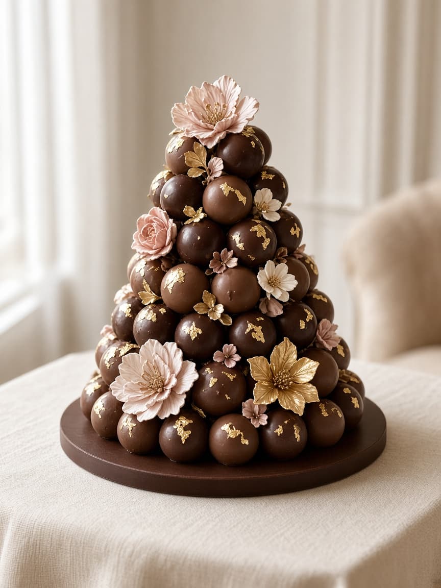 Pièce montée en chocolat, fleurs peintes et feuille d’or