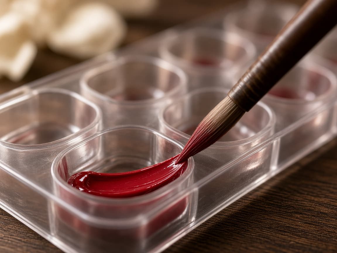 Le pigment est posé à l’envers : la première couche sera la plus visible.